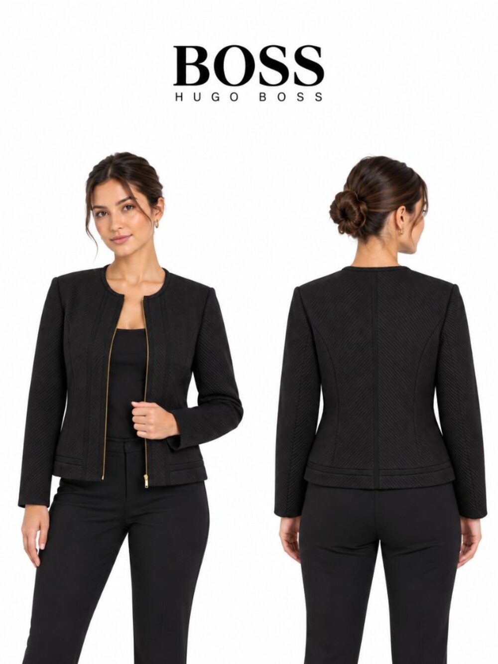 Hugo Boss Kassina Black Quilted Zip Front Collarless Jacket Blazer 50295406